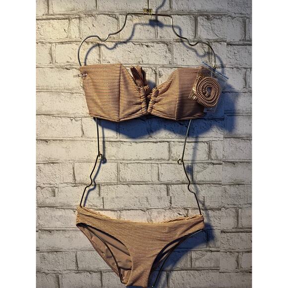 Pilyq PQ Aperol Stripe Orange Ruched Bandeau D Cup S Full Bottom NEW - Picture 4 of 10